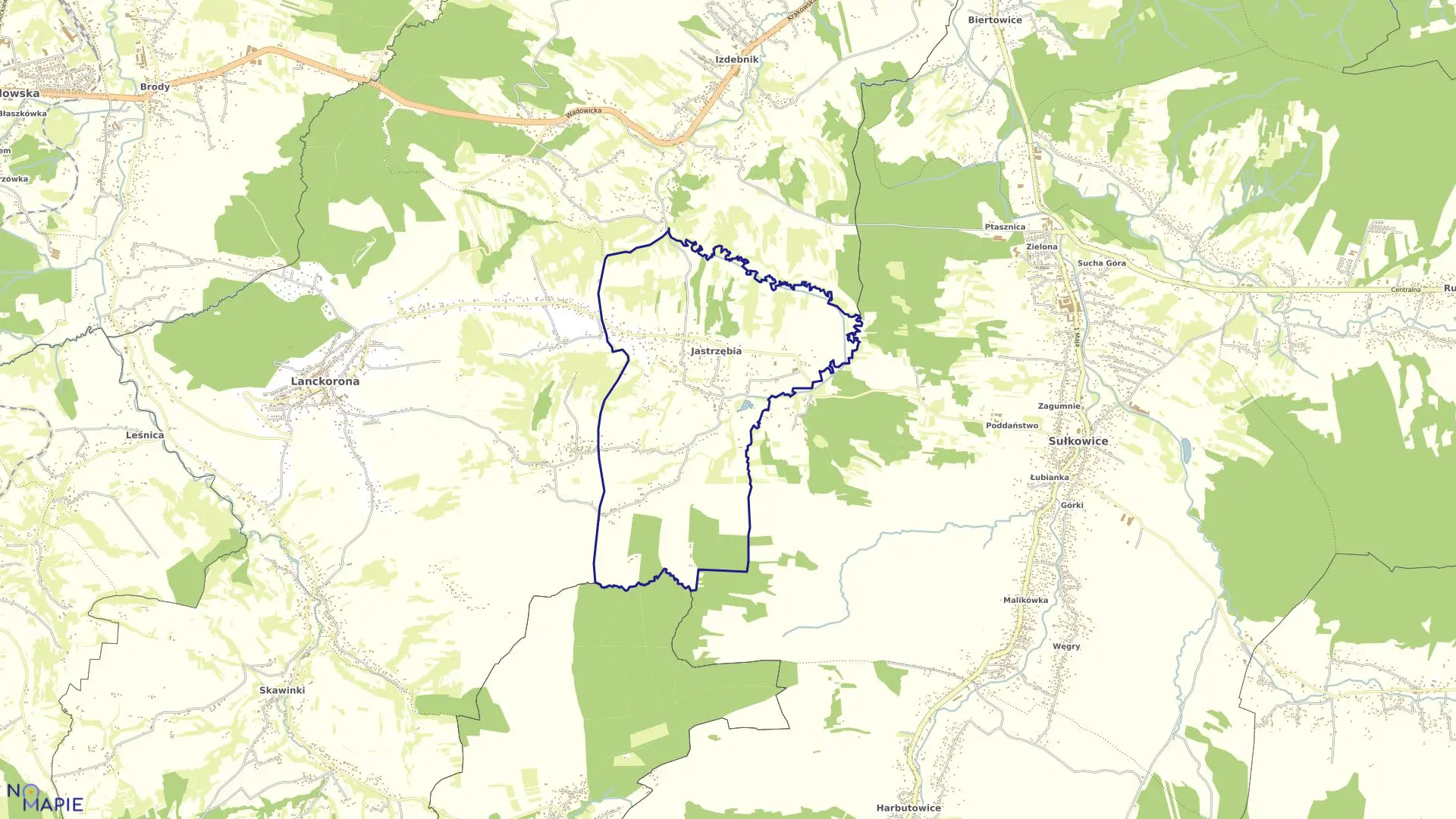 Mapa obrębu JASTRZĘBIA w gminie Lanckorona